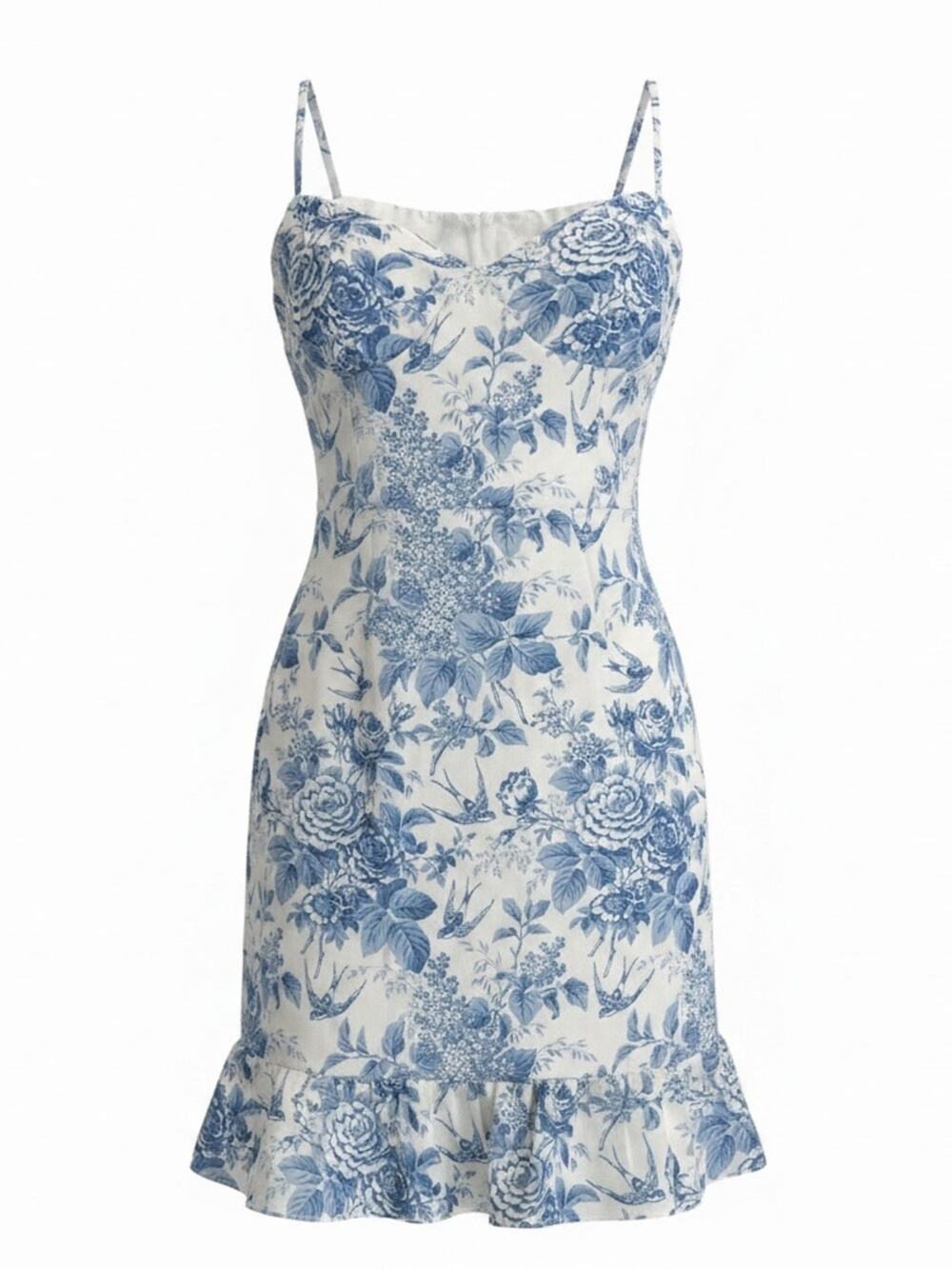 NWT: Commense Blue Floral Toile Mini Dress with Ruffle Hem tie straps No Sz Tag